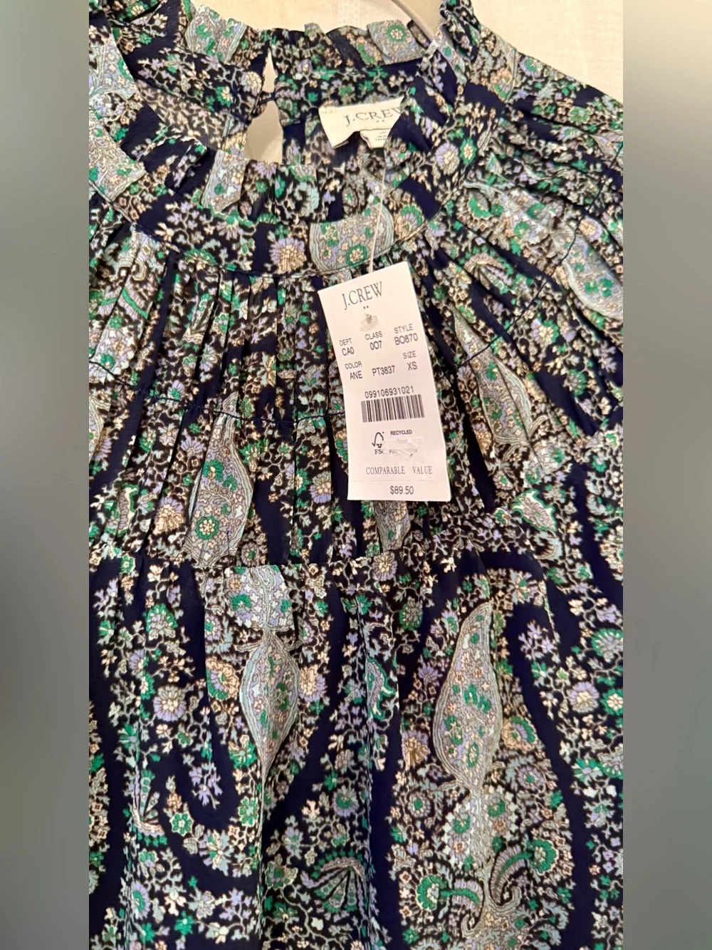 J.Crew Paisley Long Sleeve Ruffle Neck Blouse | XS | NWT